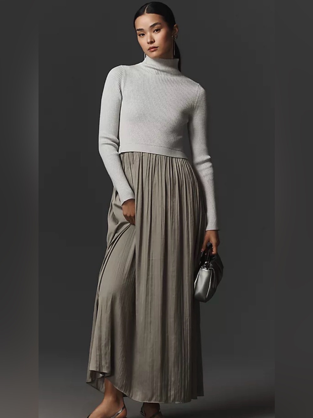 Anthropologie Thea Long-Sleeve Twofer Maxi Dress Light Grey